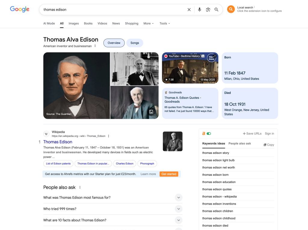 A screenshot showing Thomas Edison's Knowledge Graph result