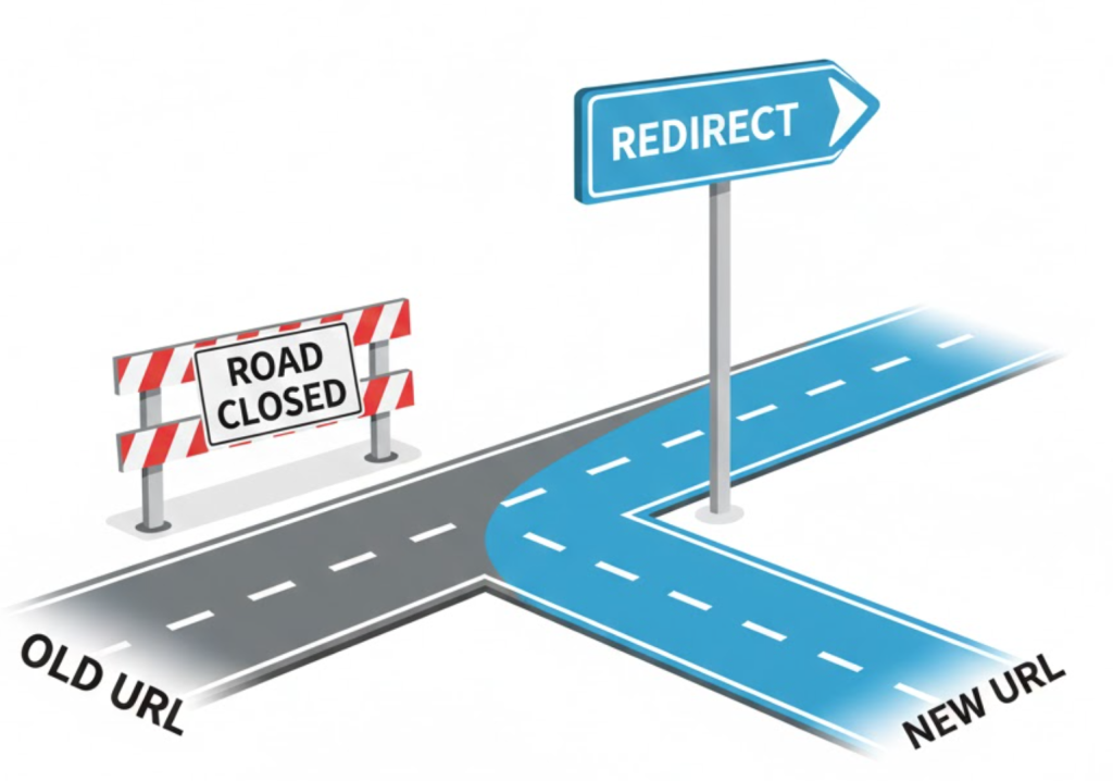 A vector illustration of a road diversion sign, symbolizing a 301 redirect guiding users from an old URL to a new one.
