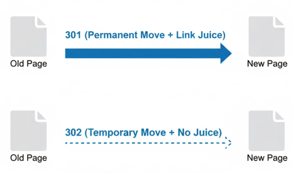 A technical diagram comparing 301 Permanent Redirects (which pass authority) versus 302 Temporary Redirects (which do not).