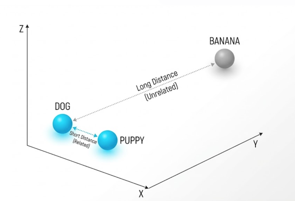 A 3D graph illustrating Vector Search, showing related concepts like 'Dog' and 'Puppy' clustered close together, while unrelated concepts like 'Banana' are far away in the mathematical space.