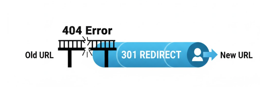 An illustration representing a 301 redirect acting as a safety net to prevent 404 errors during a permalink change.