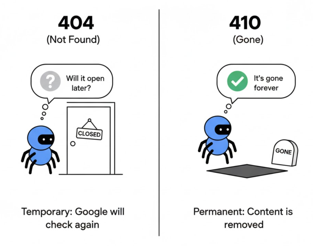 A visual comparison showing Googlebot confused by a 404 error (temporary closed sign) versus understanding a 410 error (permanent removal).