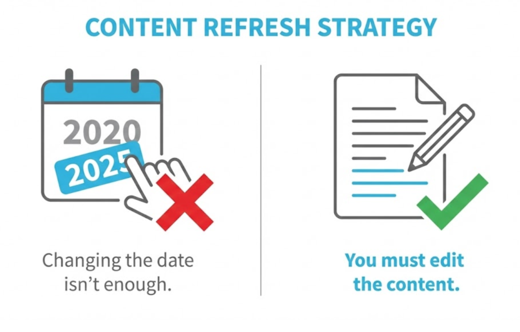 An illustration warning against simply changing dates on blog posts without updating the actual content.