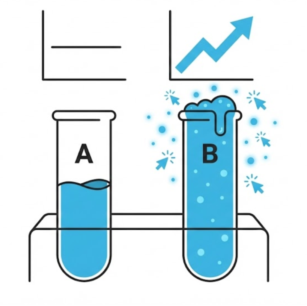 A minimalist vector illustration of two test tubes labeled A and B. Tube B is overflowing with glowing blue data and positive trend icons, symbolizing a successful A/B test variant compared to the control Tube A.