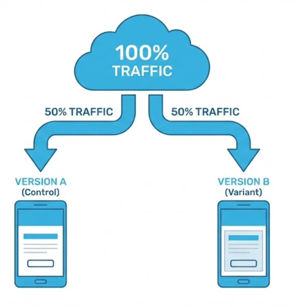 A diagram showing 100% of website traffic being randomly split 50/50 between a Control page and a Variant page.
