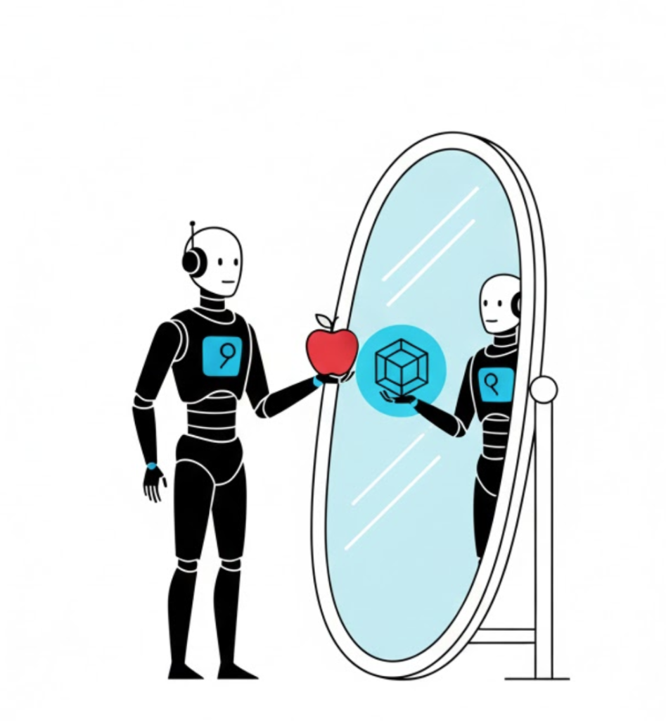 A vector illustration of a robot holding an apple, but its reflection shows a blue cube, symbolizing AI Hallucination and the distortion of facts.