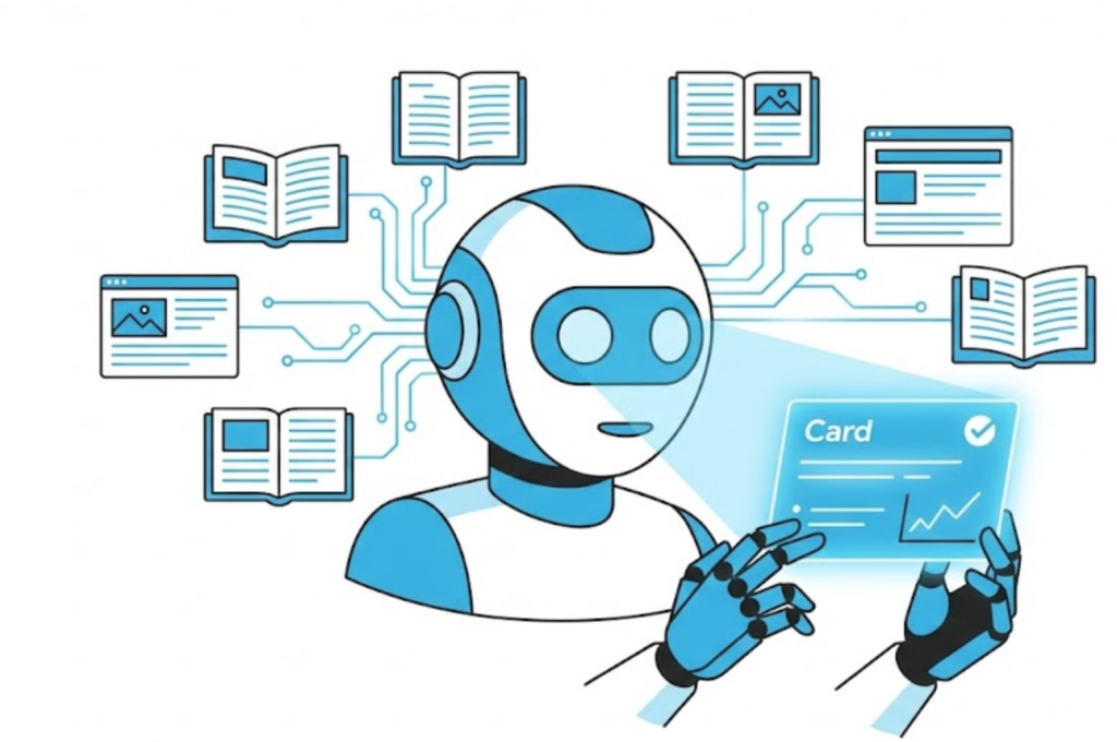 A vector illustration of a search bot synthesizing information from multiple websites into a single AI Overview summary card.