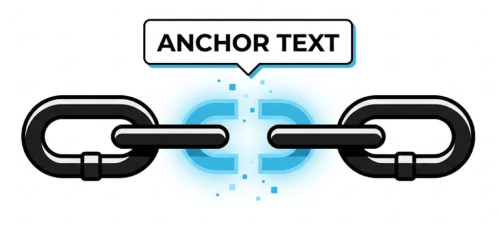 A vector illustration of a chain being connected by a glowing blue digital link, symbolizing how anchor text connects pages on the web.