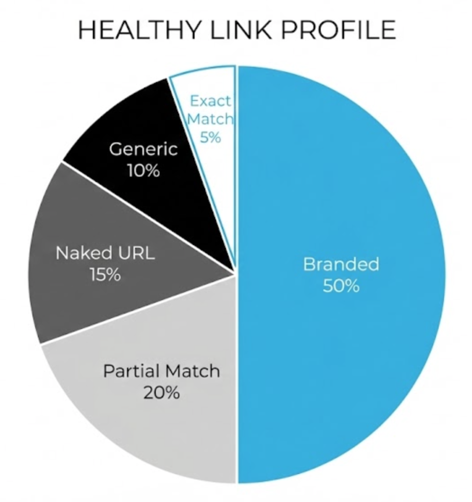 A pie chart showing the ideal distribution of anchor text types for a natural SEO profile: mostly branded links, with a small percentage of exact match keywords.