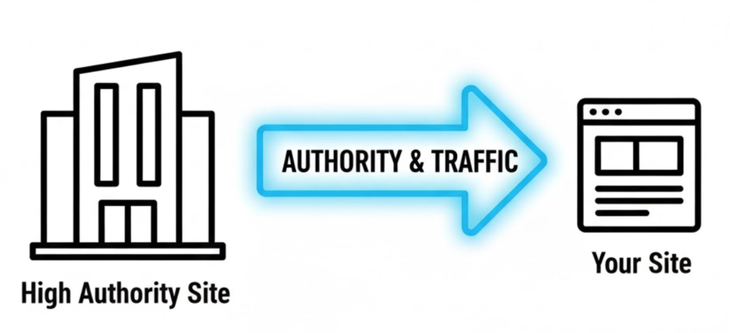 A visual diagram showing authority and traffic flowing from a large established website to a smaller site via a backlink.