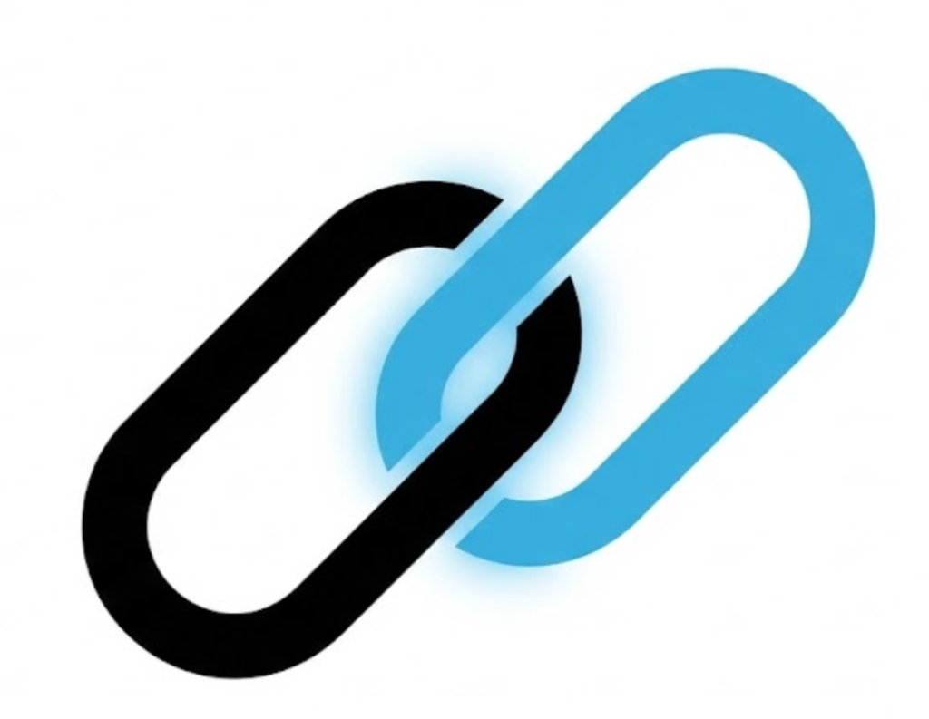 A minimalist vector illustration of two interlocking chain links, one black and one blue, symbolizing a digital backlink connection between websites.