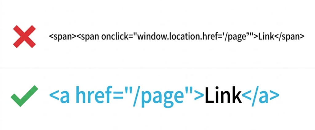 An illustration comparing bad JavaScript links (onclick events) with SEO-friendly HTML links (a href tags).
