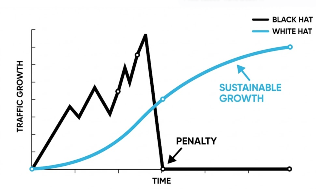 A graph comparing SEO strategies: Black Hat shows a quick spike followed by a crash due to penalties, while White Hat shows steady, long-term sustainable growth.
