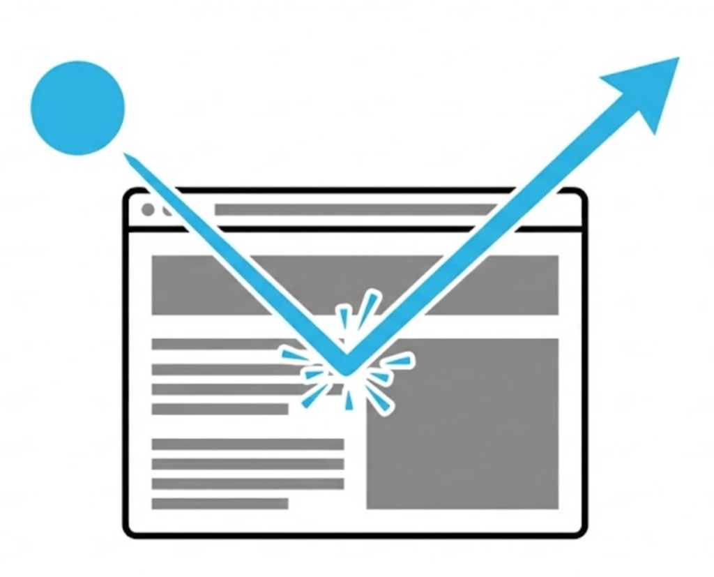 A minimalist vector illustration of a blue ball striking a stylized webpage and immediately bouncing off it, symbolizing a website visitor leaving quickly without interacting.