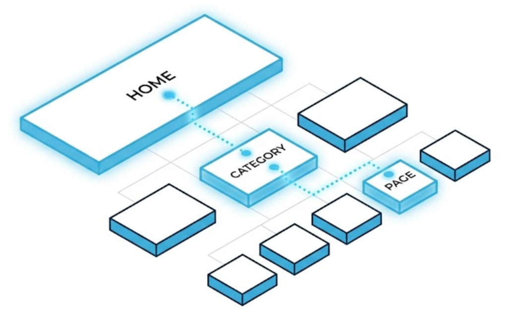 A vector illustration of a website map with a glowing blue path tracing the user's journey from Home to a specific page, symbolizing breadcrumb navigation.