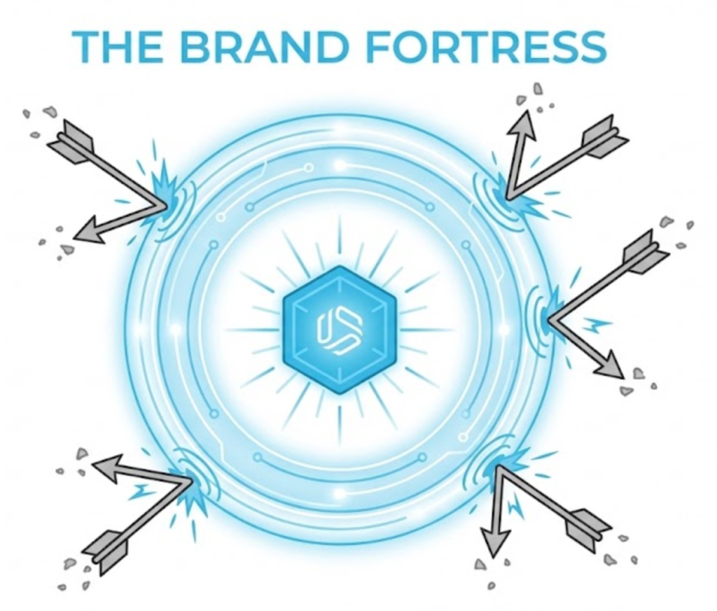 A vector illustration of a central brand node protected by a digital forcefield, deflecting competitor arrows, representing the protection of Branded Keywords.