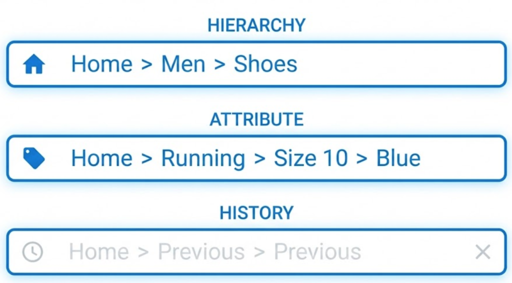 A visual comparison of the three types of breadcrumbs: Hierarchy-based (Standard), Attribute-based (for filters), and History-based (redundant).