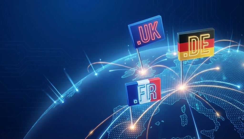 An illustration showing the globe with country flags (France, Germany, and the UK) planted in it, along with their ccTLDs (.uk, .fr, etc), to illustrate an important international SEO consideration.