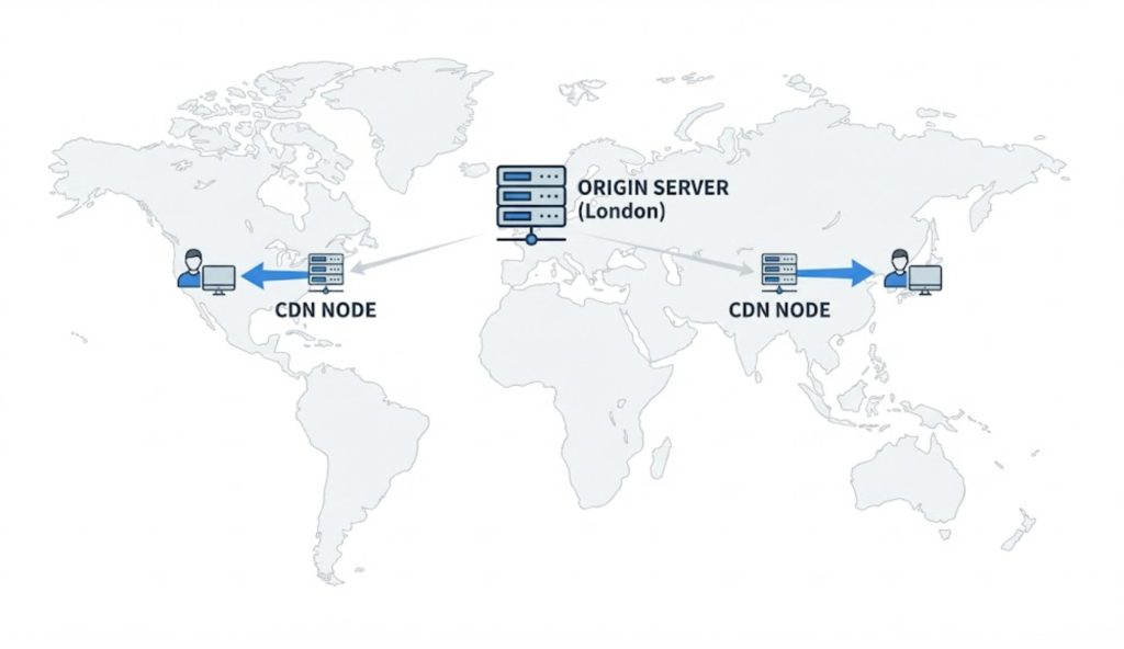 A visual diagram illustrating how a Content Delivery Network (CDN) speeds up a website by serving content from servers located closer to the user.