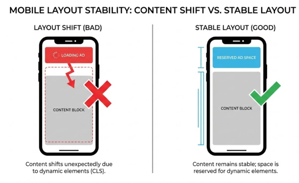 A visual comparison of a layout shift (bad CLS) causing content to jump, versus a stable layout (good CLS) where content remains fixed.