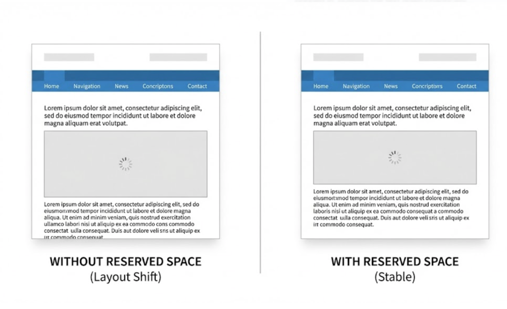 A comparison diagram showing how reserving space for images prevents Cumulative Layout Shift (CLS) when lazy loading.