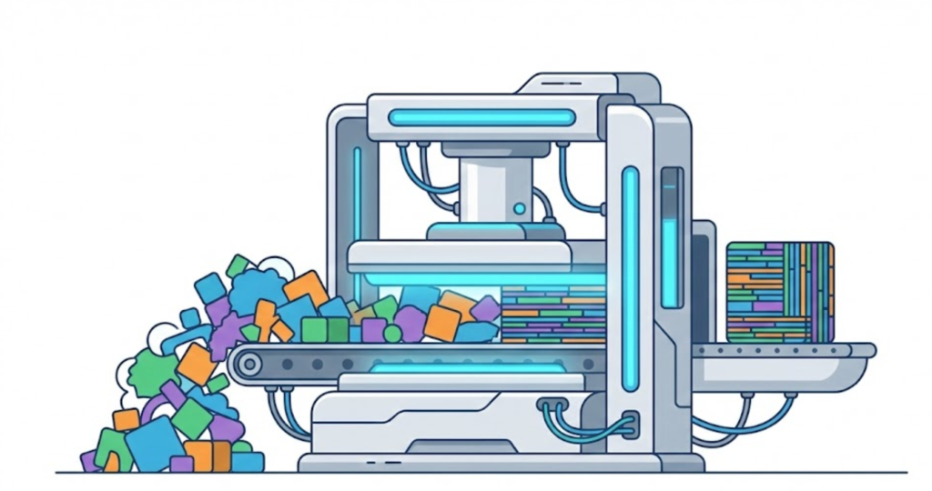 A vector illustration of a hydraulic press compressing loose code blocks into a dense, efficient cube, symbolizing code minification.