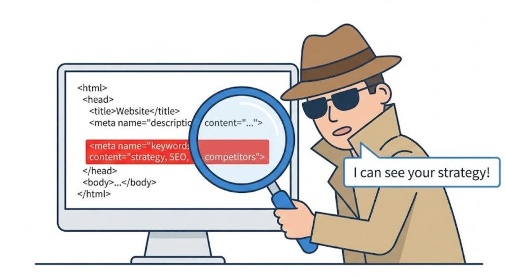 A visual diagram showing a competitor spying on a website's source code to read the meta keywords tag and steal strategy.