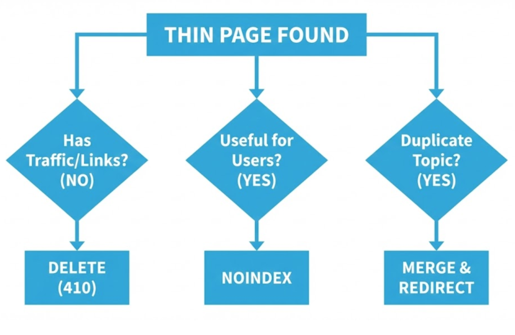 A decision tree flowchart showing how to handle thin content: Delete it, Noindex it, or Merge it based on traffic and value.