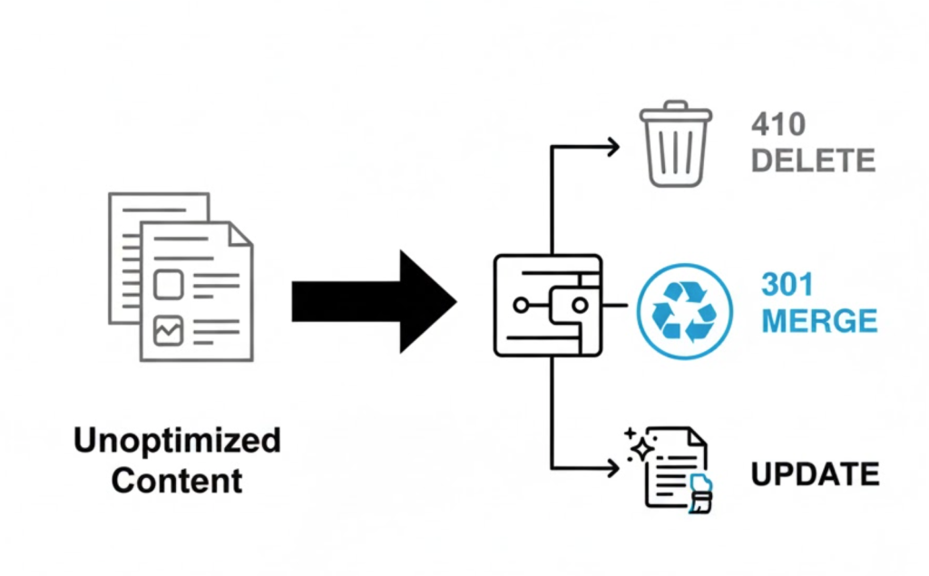 A diagram showing the content pruning process: sorting pages into Delete, Merge, or Update categories.