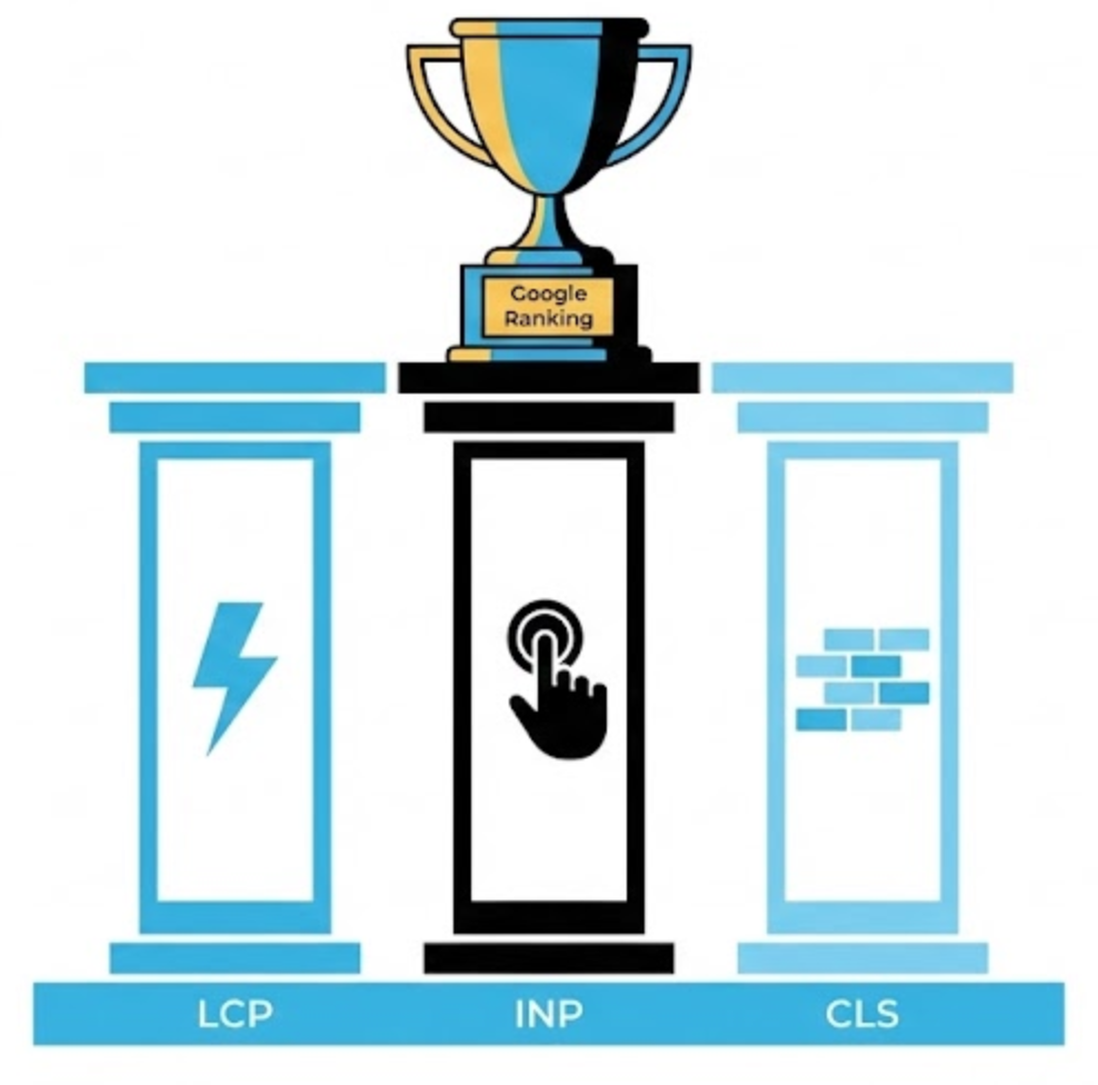 A vector illustration of the three Core Web Vitals pillars: LCP (Speed), INP (Responsiveness), and CLS (Stability), supporting Google rankings.