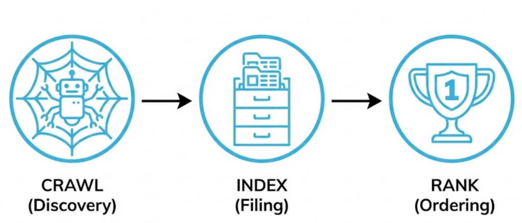 A process diagram showing the three stages of search: Crawling (Discovery), Indexing (Filing), and Ranking (Ordering).