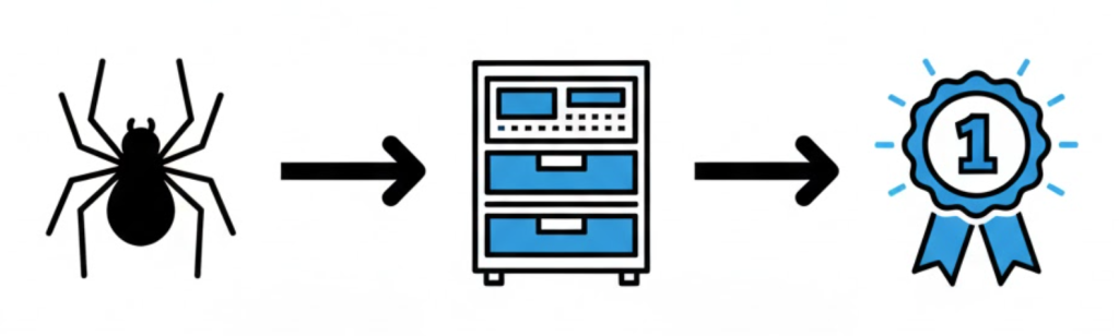 A visual process diagram showing a spider (crawl), a file folder (index), and a trophy (rank), illustrating the three stages of search.