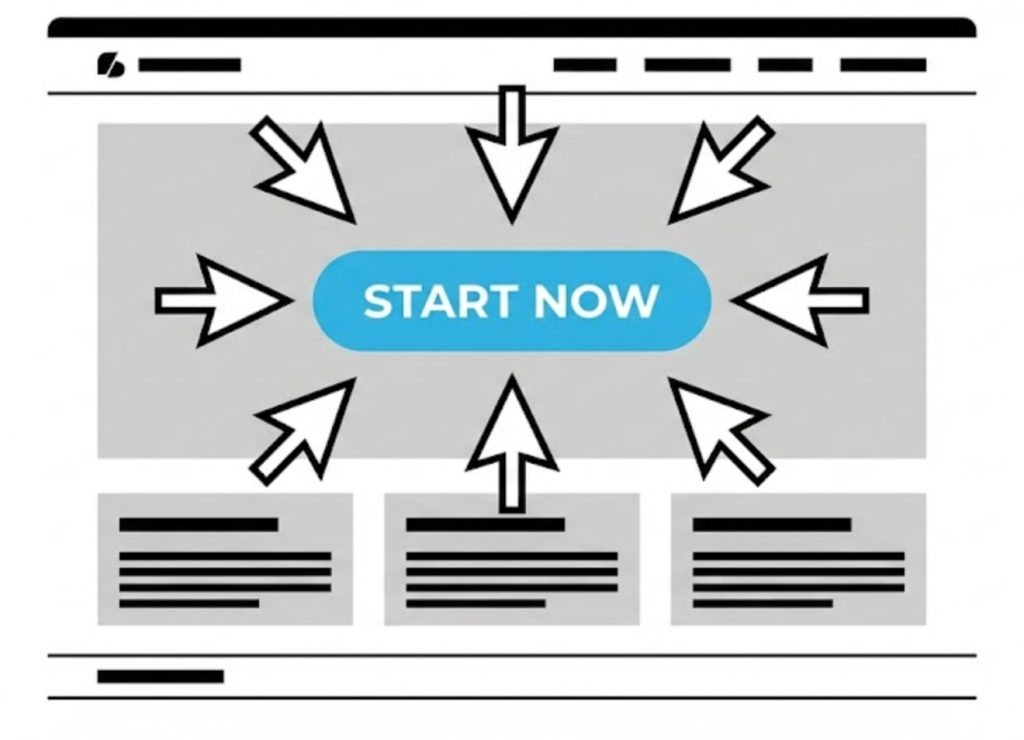 A vector illustration of a website layout where multiple mouse cursors are converging on a single, vibrant 'Start Now' Call to Action button.