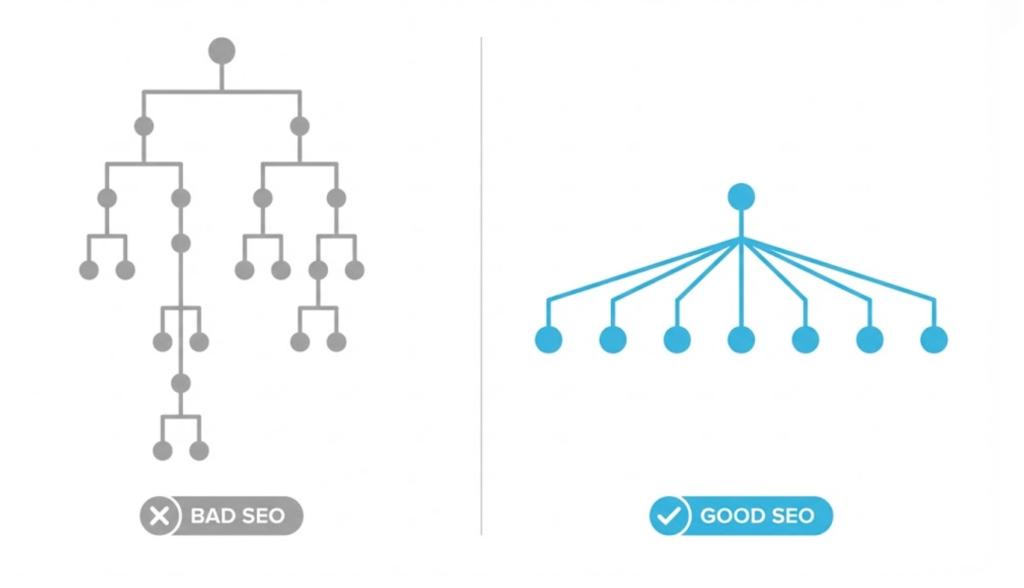 A diagram comparing Deep Site Architecture (bad for SEO) versus Flat Site Architecture (good for SEO).