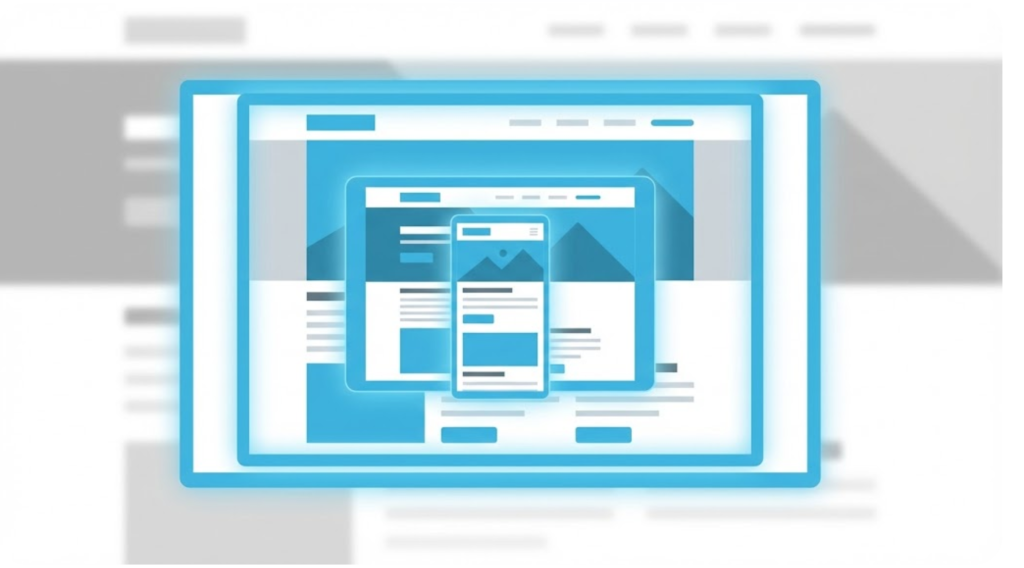 A minimalist vector illustration showing three nested frames (desktop, tablet, mobile) focusing on a website layout, representing the concept of a viewport.