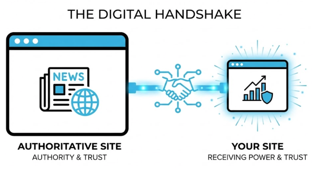 A vector illustration of a large authoritative website sending a glowing blue link to a smaller website, symbolizing the transfer of trust and authority via a backlink.