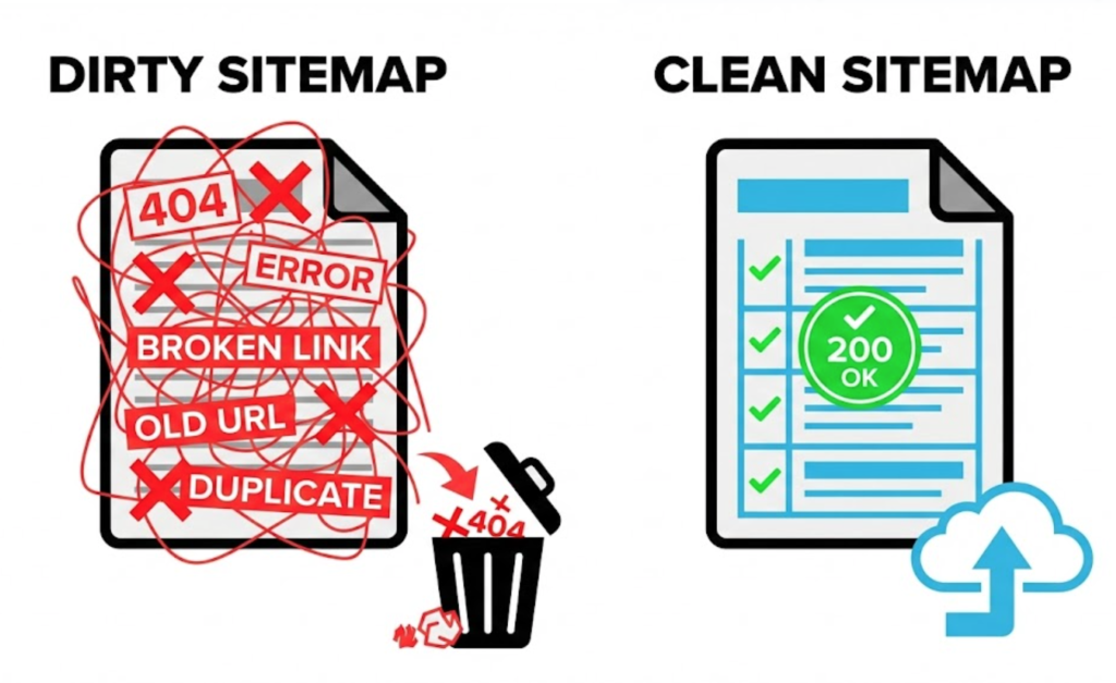 A comparison showing a 'Dirty' sitemap full of errors and 404s versus a 'Clean' sitemap containing only valid, indexable pages.