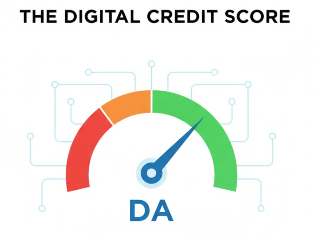 A vector illustration of a speedometer gauge labeled 'DA', symbolizing Domain Authority as a performance metric for websites.