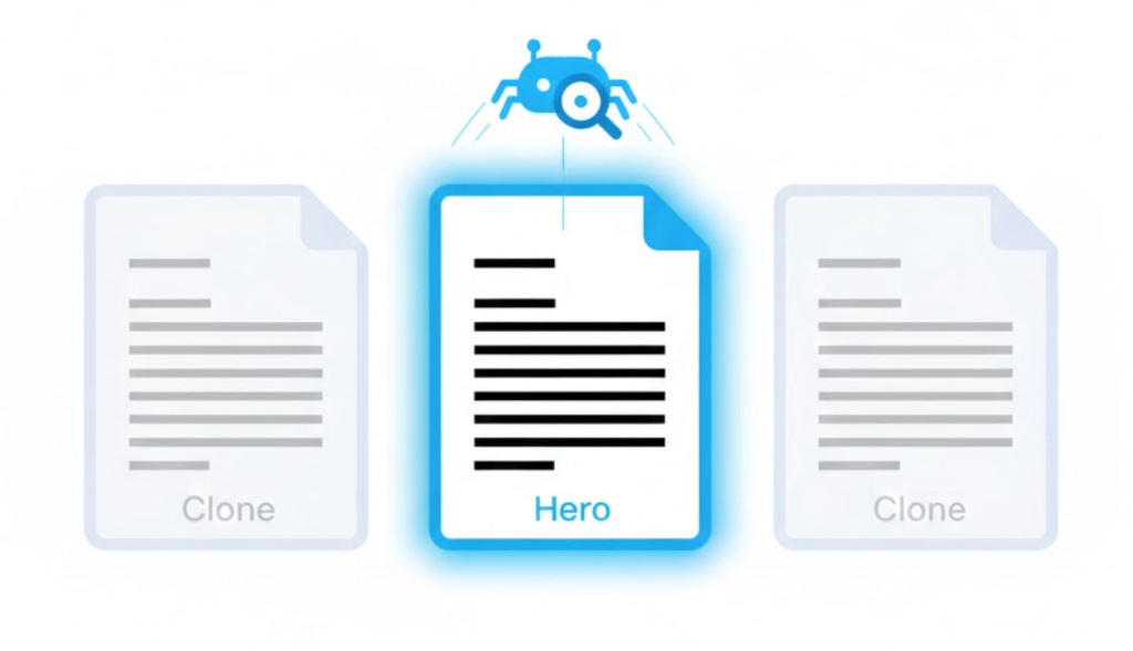A vector illustration of three documents, with the central one highlighted in blue as the 'Master Copy' while the duplicates fade into the background.