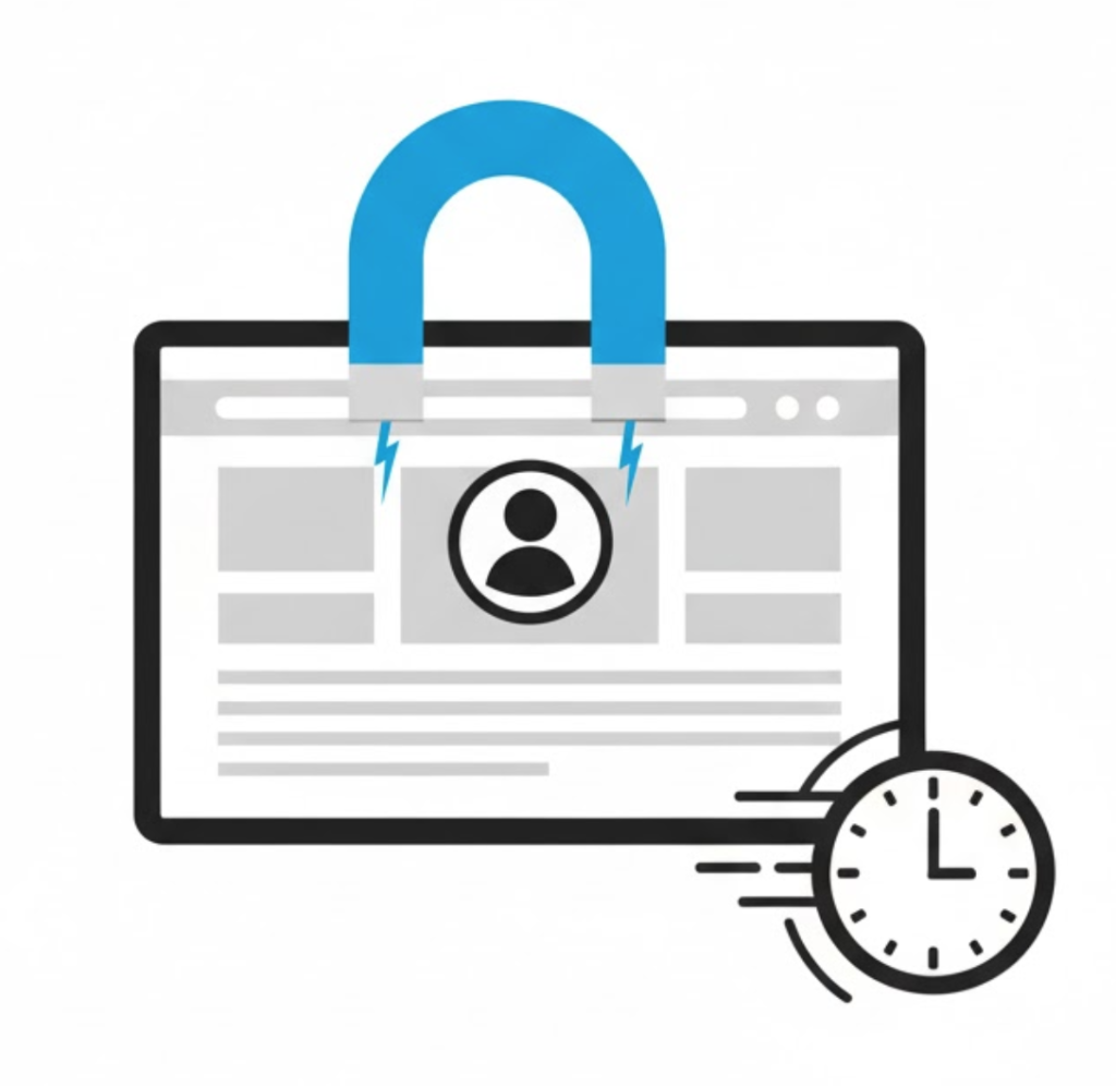 A vector illustration of a magnet holding a user on a webpage while a clock ticks, symbolizing the SEO concept of Dwell Time and user retention.