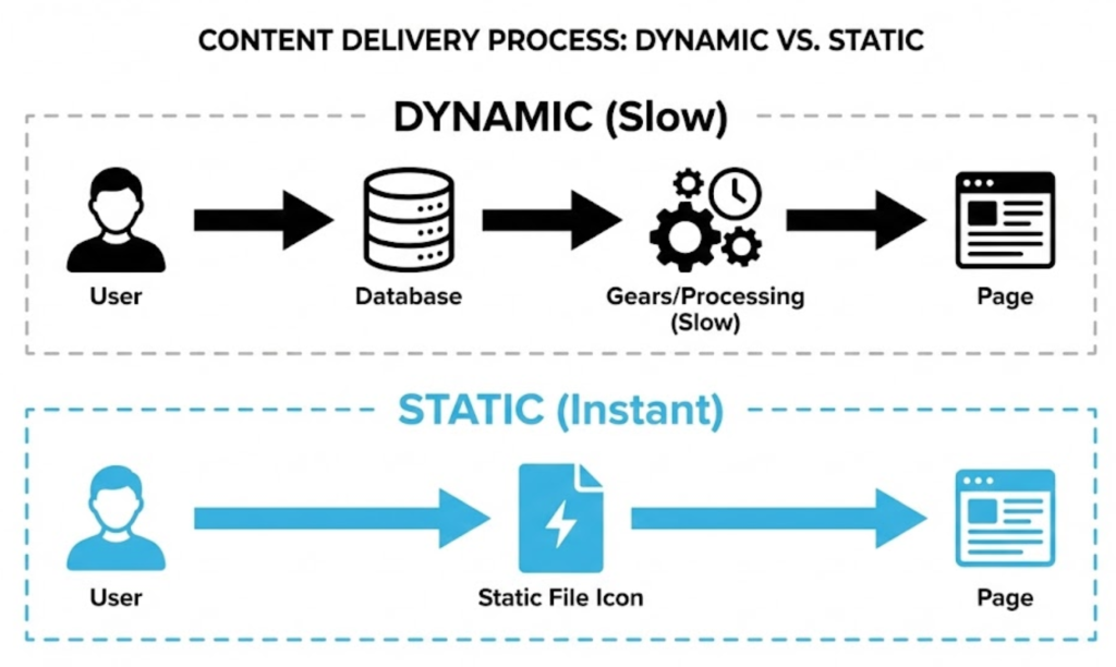 A process diagram comparing Dynamic loading (slow processing via database) vs. Caching (instant delivery of static files).