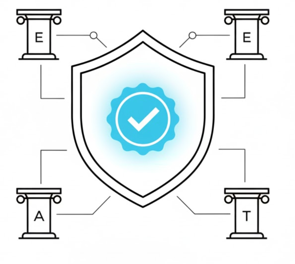 A vector illustration of a digital document receiving a glowing blue seal of approval, symbolizing Google's E-E-A-T trust signals.