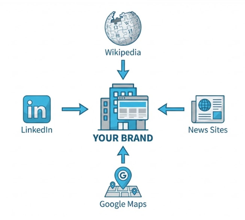 A diagram showing how external sources like Wikipedia, LinkedIn, and News sites validate a brand entity in the Knowledge Graph.