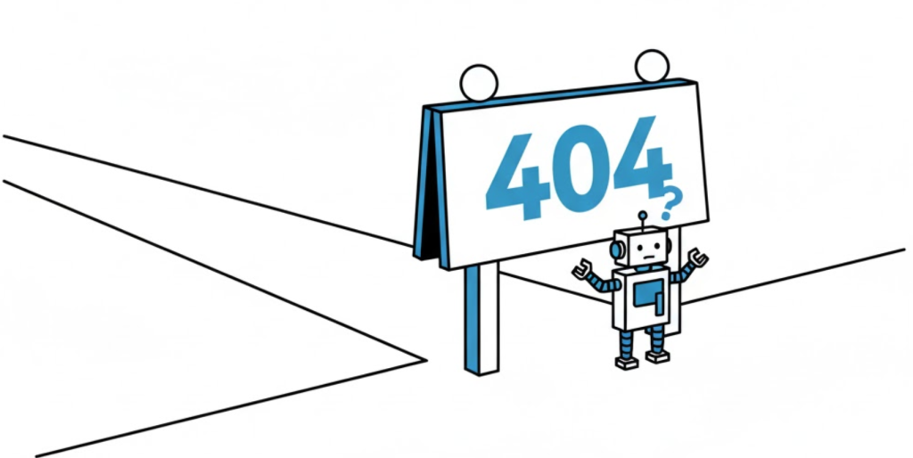 A vector illustration of a digital pathway ending at a large 404 barrier, symbolizing a broken link or missing page.
