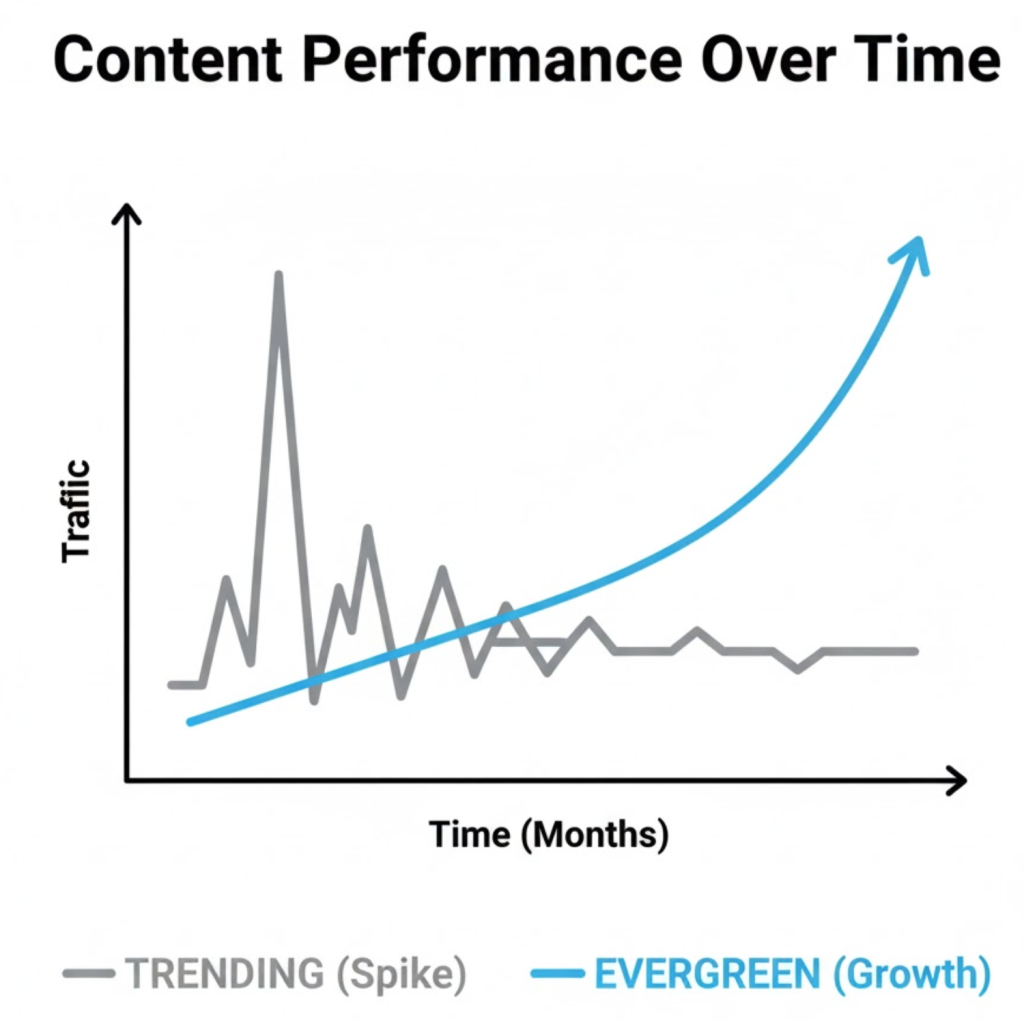 A line graph using Source Sans Pro font to compare the short-lived traffic spike of trending content versus the long-term, compounding growth curve of evergreen content.