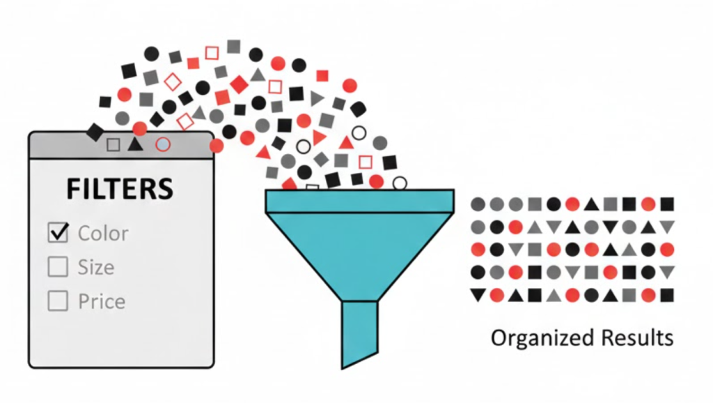 A vector illustration of a website filter sidebar organizing products, symbolizing Faceted Navigation.