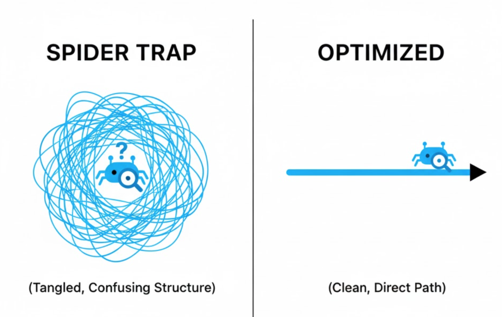 A visual comparison showing a 'Spider Trap' (a tangled web of URLs trapping Googlebot) versus an 'Optimized' structure (a clean, straight path).