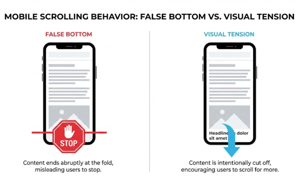 A visual comparison showing a 'False Bottom' design that discourages scrolling versus a layout with 'Visual Tension' that cuts off elements to encourage users to scroll down.