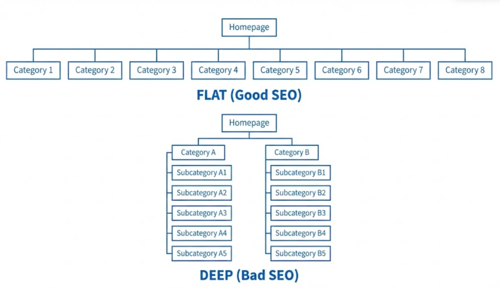 A visual comparison of Flat vs. Deep website architecture, showing why flat structures are better for SEO crawl depth.