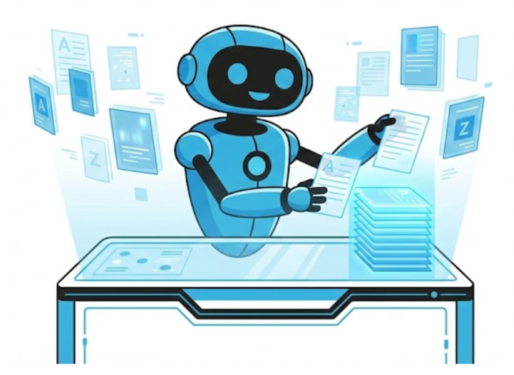 A vector illustration of a robotic librarian sorting digital pages, symbolizing how the Google Algorithm organizes the internet's content.
